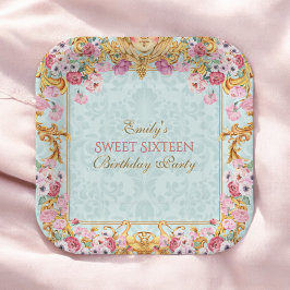 Blue Pastel Gold Sweet 16 Baroque Rokoko Geburtsta Pappteller