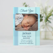 Blue Pastel Kariert Baby Foto Danke Karte (Stehend Vorderseite)