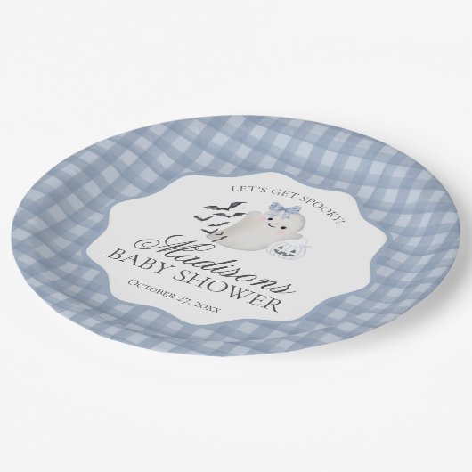 Blue Pastel Little Boo Ghost Baby Shower Dessert Pappteller (Schrägansicht)