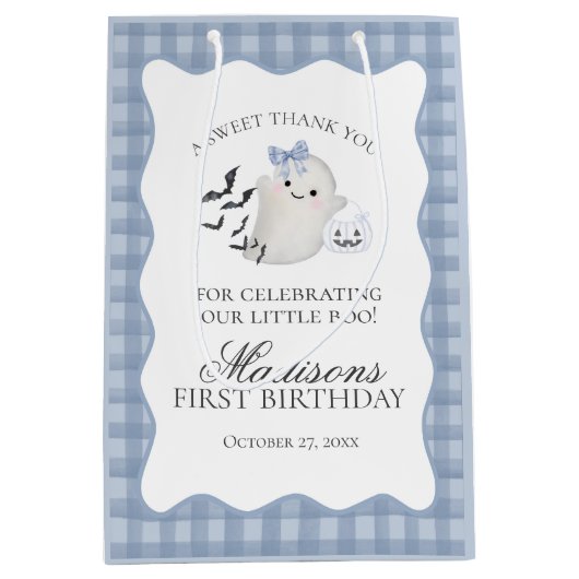 Blue Pastel Little Boo Ghost Birthday Party Favors Mittlere Geschenktüte (Vorderseite)