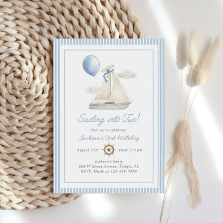 Blue Pastel Nautical Sail Boat 2. Geburtstag Einladung