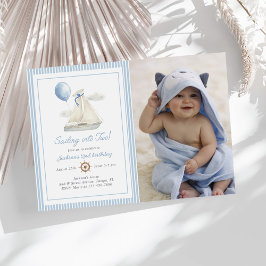 Blue Pastel Nautical Sail Boat 2. Geburtstag Foto Einladung