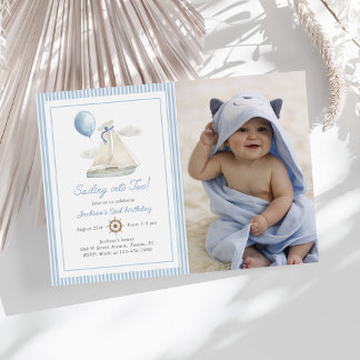 Blue Pastel Nautical Sail Boat 2. Geburtstag Foto Einladung