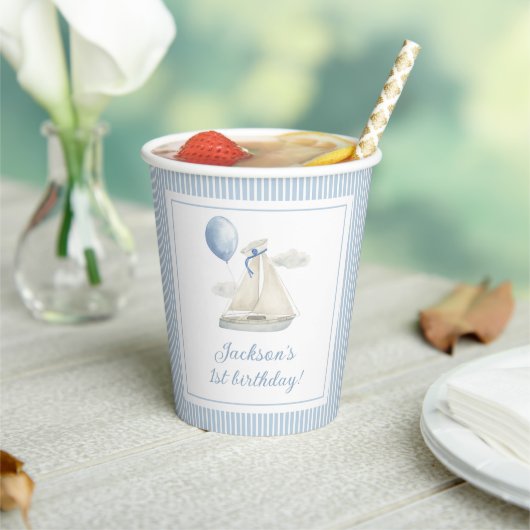 Blue Pastel Nautical Segelboot 1. Geburtstag Pappbecher (In Situ)