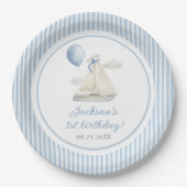 Blue Pastel Nautical Segelboot 1. Geburtstag Pappteller (Vorderseite)