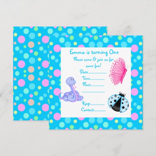 BLUE PASTEL SPOT SPRING PARTY EINLADUNG (Vorne/Hinten)