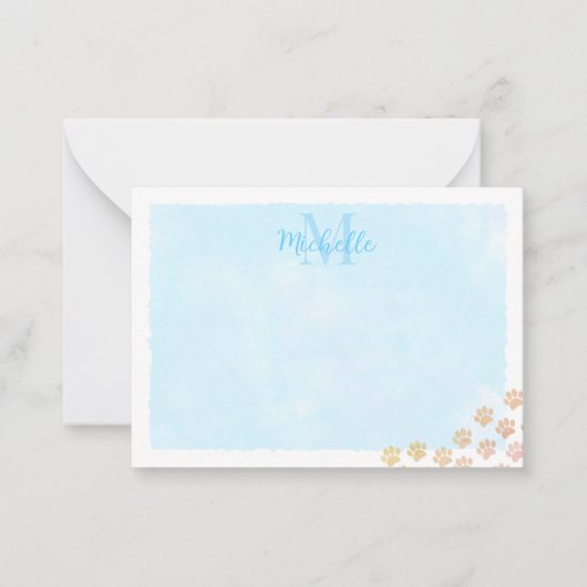 Blue Pastel Watercolor Dog Paw Monogram Mitteilungskarte (Vorderseite)