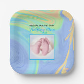 Blue Pastel Willkommen Erstes Geborenes Foto Pappteller (Vorderseite)