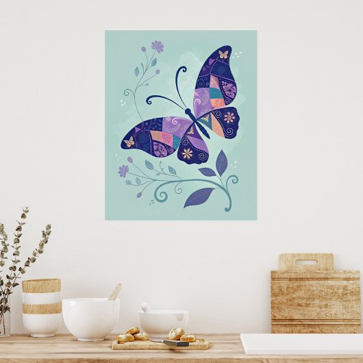 Blue Patchwork Butterfly Poster (Küche)