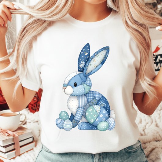 Blue Patchwork Easter Bunny Floral Gingham Spring T-Shirt