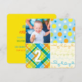 Blue Patchwork Pattern Squares Boy Foto Geburtstag Einladung (Vorne/Hinten)