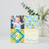 Blue Patchwork Pattern Squares Boy Foto Geburtstag Einladung (Stehend Vorderseite)