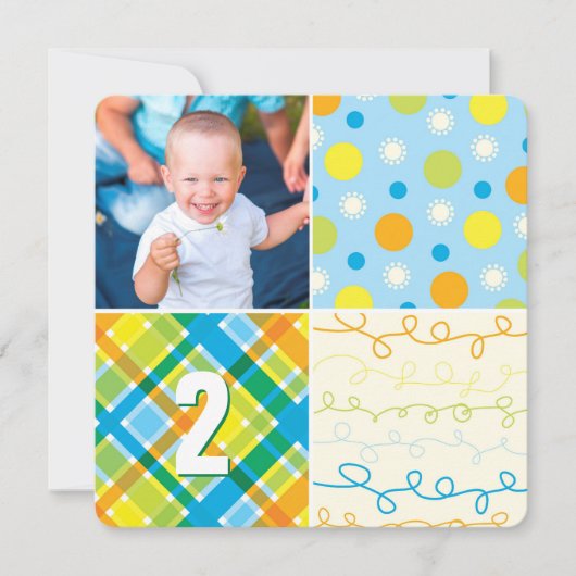 Blue Patchwork Pattern Squares Boy Foto Geburtstag Einladung (Vorderseite)