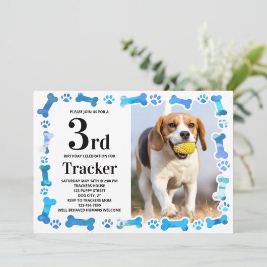 Blue Paw druckt Custom Dog Birthday Party Foto Einladung (Stehend Vorderseite)