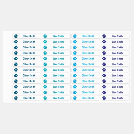 Blue Paw Print Personalized Kids Name Labels Etiketten (Blatt)