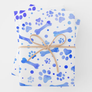 Blue Paw Prints Watercolor Geburtstagsparty Geschenkpapier Set