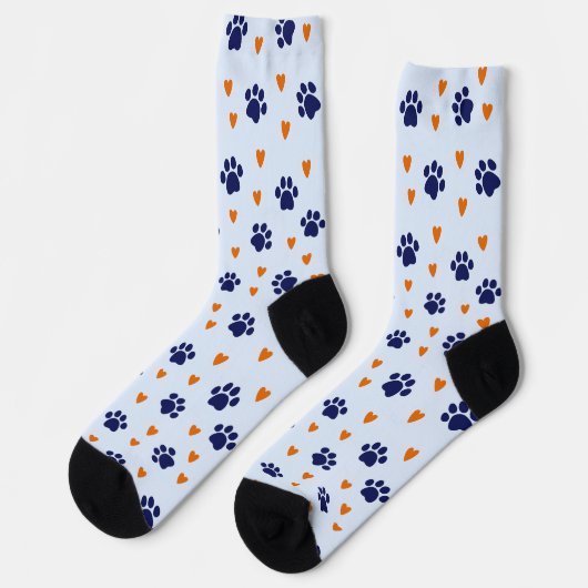 Blue Pawprint Orange Heart Hund Liebe Socken (Linkes Detail)