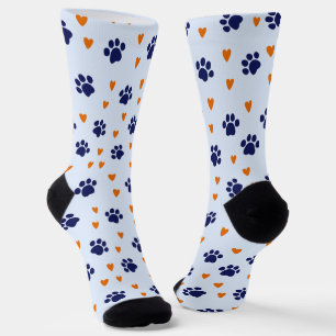 Blue Pawprint Orange Heart Hund Liebe Socken