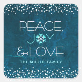 Blue Peace Joy Liebe Snowflake Typografie Holiday Quadratischer Aufkleber (Vorderseite)