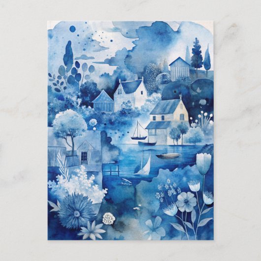 Blue Peaceful Coastal Nautical Seaside Cottages Postkarte (Vorderseite)