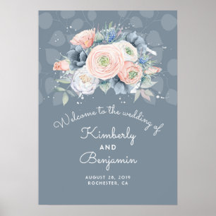 Blue Peach and Dusty Rose Wedding Welcome Sign Poster