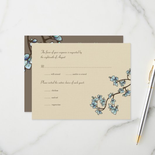 Blue Peach Blossoms Sakura Asian Wedding RSVP Card Karte (Vorderseite/Rückseite Beispiel)
