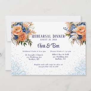 Blue Peach Floral Glitzer Probe Abendessen Einladung