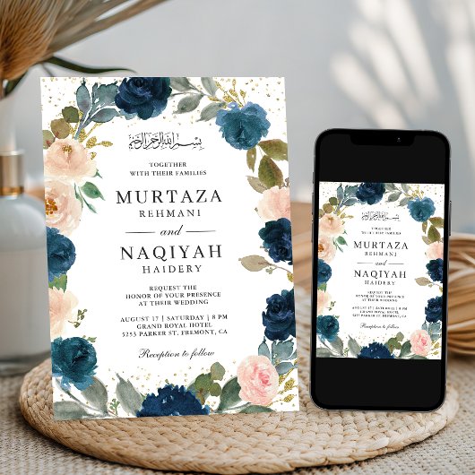Blue Peach Floral QR Code Muslime Hochzeit Einladung
