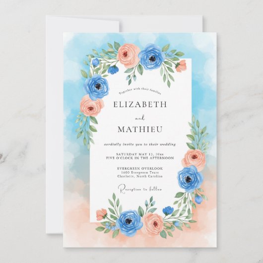 Blue Peach Floral Romance Wedding Einladung (Vorderseite)