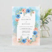 Blue Peach Floral Romance Wedding Einladung (Stehend Vorderseite)