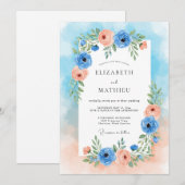Blue Peach Floral Romance Wedding Einladung (Vorne/Hinten)