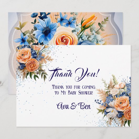 Blue Peach Floral Wedding Danke Karten (Vorne/Hinten)
