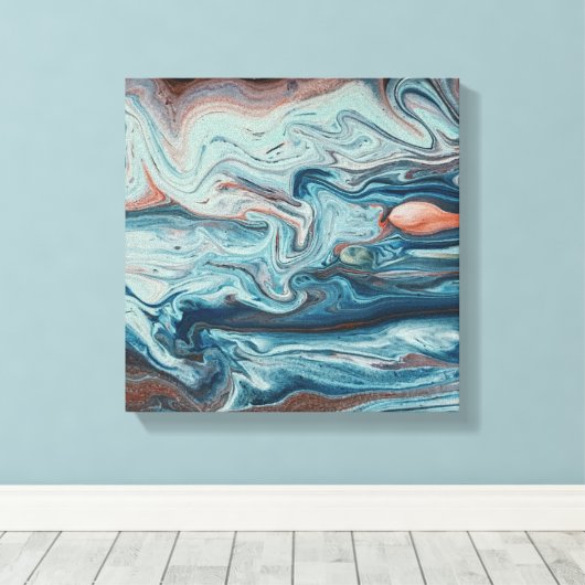 Blue & Peach Fluid Zigzag Layer Abstrakt Art Leinwanddruck (Insitu (Holzboden))