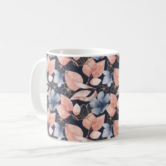 Blue, Peach & Gold Florals Stilvolle botanische Ku Kaffeetasse (Vorderseite Links)