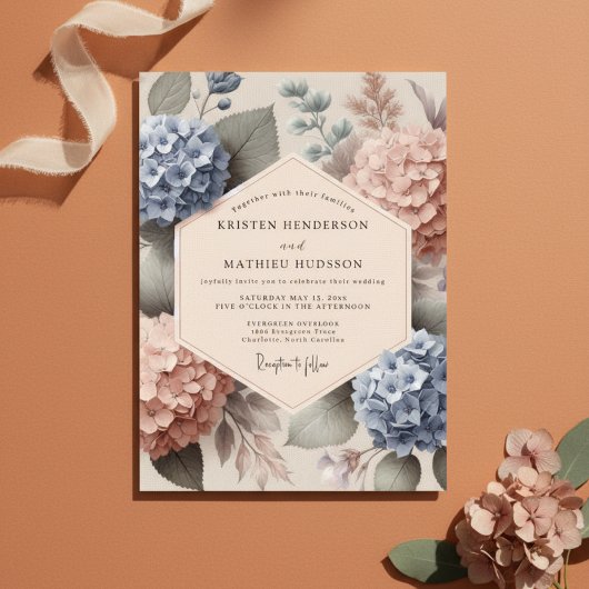 Blue Peach Hydrangea Botanical Wedding Einladung
