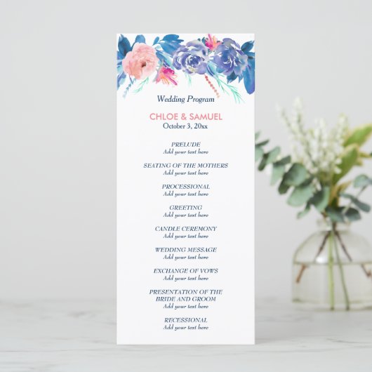 Blue Peach Rose Bouquet Wedding Program Programm (Stehend Vorderseite)