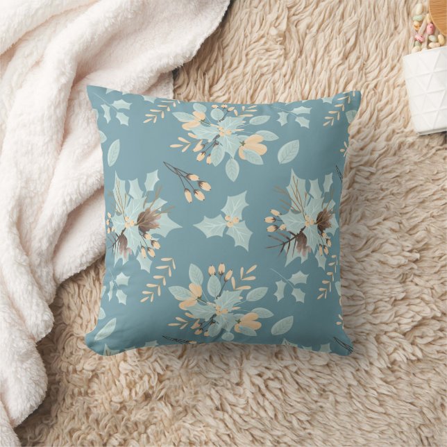 Blue Peach Winter Floral Bouquet Muster Kissen (Decke)