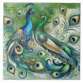 Blue Peacock Couple Green Golden Feathers Motif Fliese (Vorderseite)