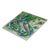 Blue Peacock Couple Green Golden Feathers Motif  Fliese (Seite)