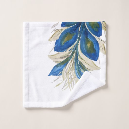 Blue Peacock Feathers Watercolor Handgemalt Badhandtuch Set (Waschlappen)