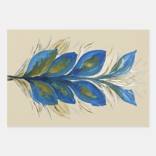 Blue Peacock Feathers Watercolor Handgemalt Geschenkpapier Set (Vorderseite 2)