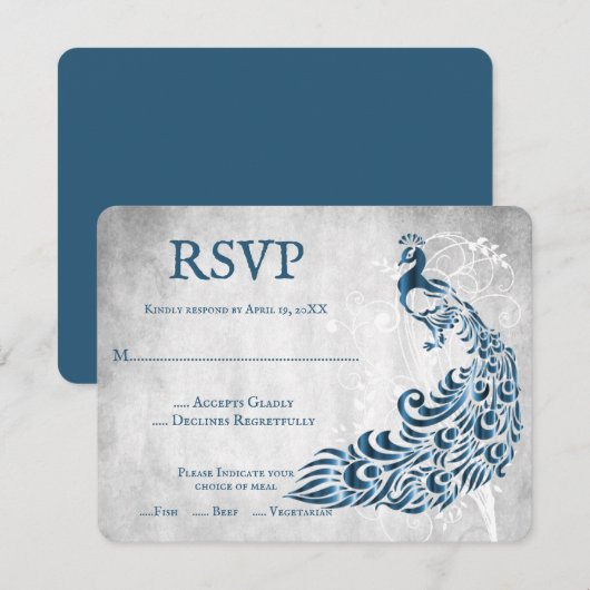 Blue Peacock Leaf Vine Wedding RSVP Card (Vorne/Hinten)
