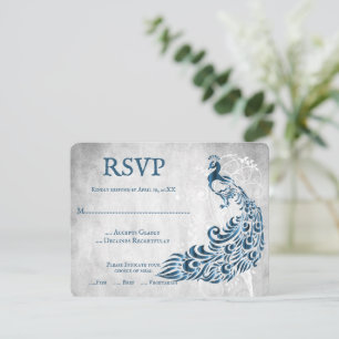Blue Peacock Leaf Vine Wedding RSVP Card Karte