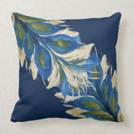 Blue Peacock Leafs Watercolor Handgestrichene Mari Kissen