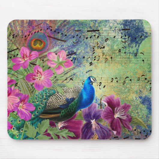 Blue Peacock Lila rosa Blume Musikalische Hinweise Mousepad (Vorne)