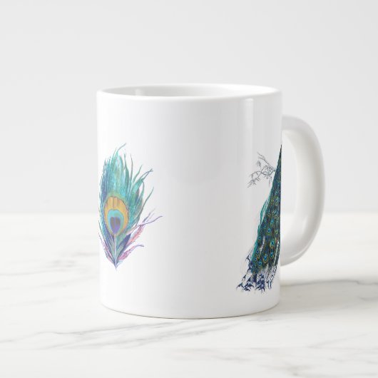 Blue Peacock mit schönen Federn aus Schwanz Jumbo-Tasse (Vorderseite Rechts)