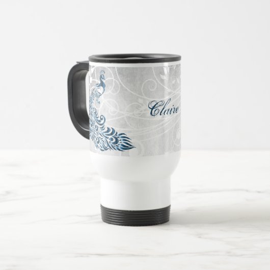 Blue Peacock Personalisiert Travel Mug Reisebecher (Vorderseite Links)