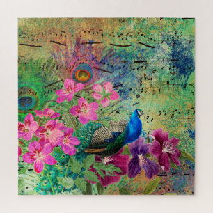 Blue Peacock Pink Blume Noten Puzzle