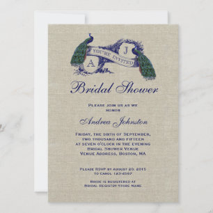 Blue Peacock Rustic Linen   Brautparty Einladung