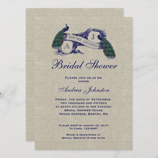 Blue Peacock Rustikale Linde | Brautparty Einladung (Vorne/Hinten)